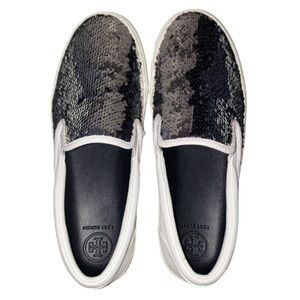 Tory Burch Black and Gray Sequin Slip-On Sneakers